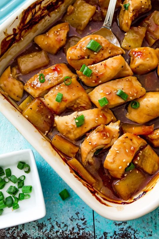 baked pineapple teriyaki chicken in a baking dish after baking