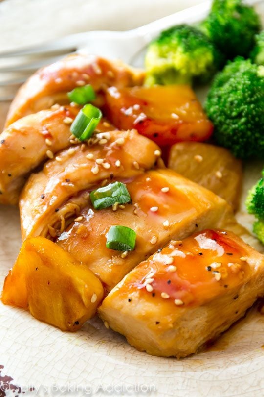 baked pineapple teriyaki chicken on a plate with broccoli