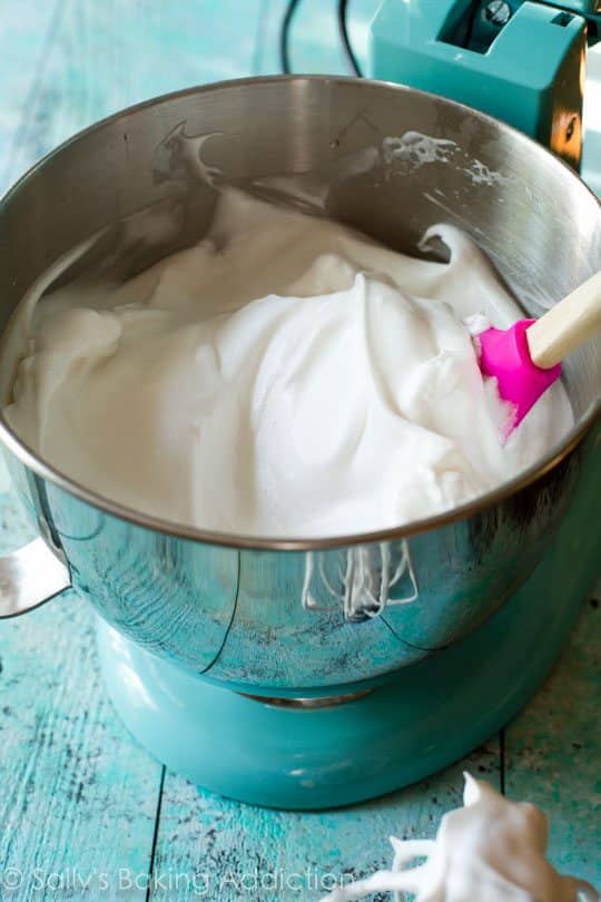 angel food cake batter in a metal stand mixer bowl