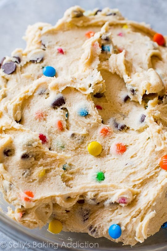 M&M chocolate chip cookie dough in a glass bowl