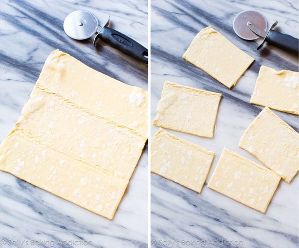2 images of puff pastry rectangle and pastry rectangle cut into smaller rectangles with a pizza cutter