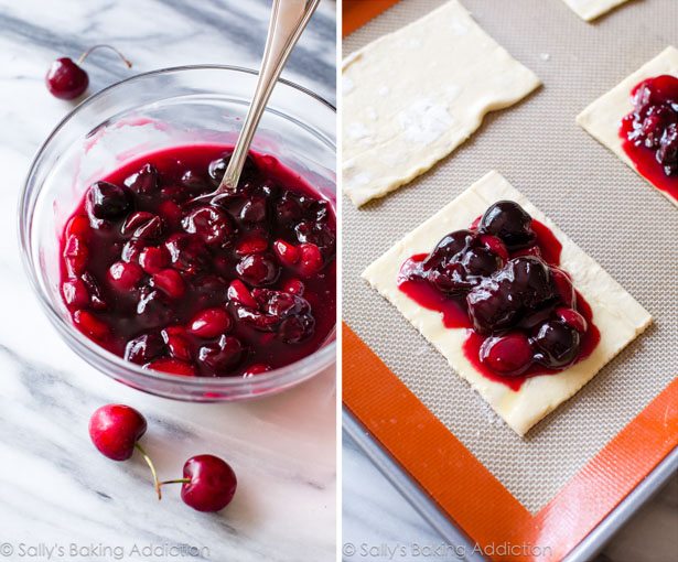 2 images of cherry pie filling in a glass bowl and pastry rectangles with cherry pie topping on top