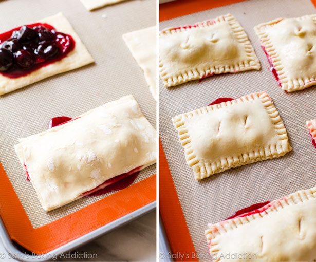 2 images of cherry pastry pies on silpat baking mats before baking