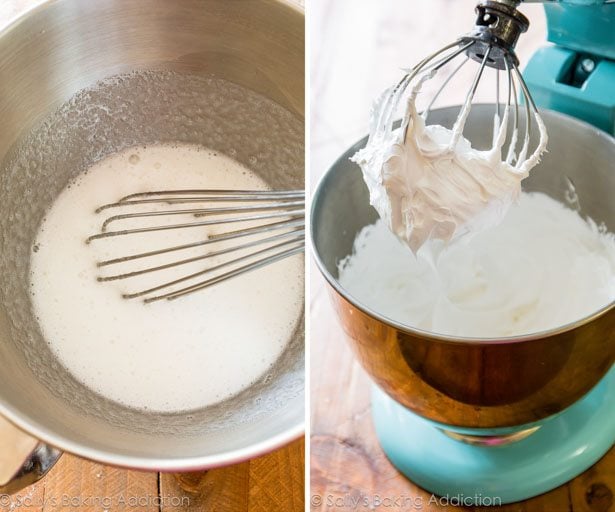 2 images of marshmallow meringue mixture in a metal bowl