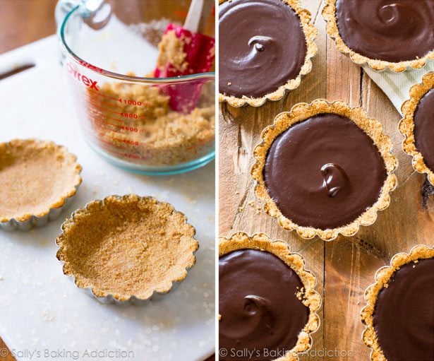 2 images of graham cracker crust in mini tart pans and tart pans filled with chocolate ganache