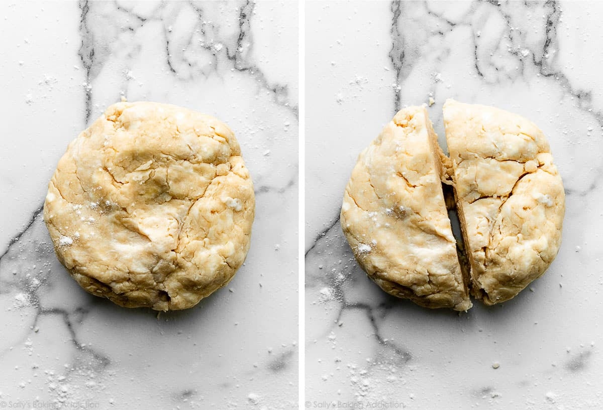 two discs of pie dough and one cut in half.