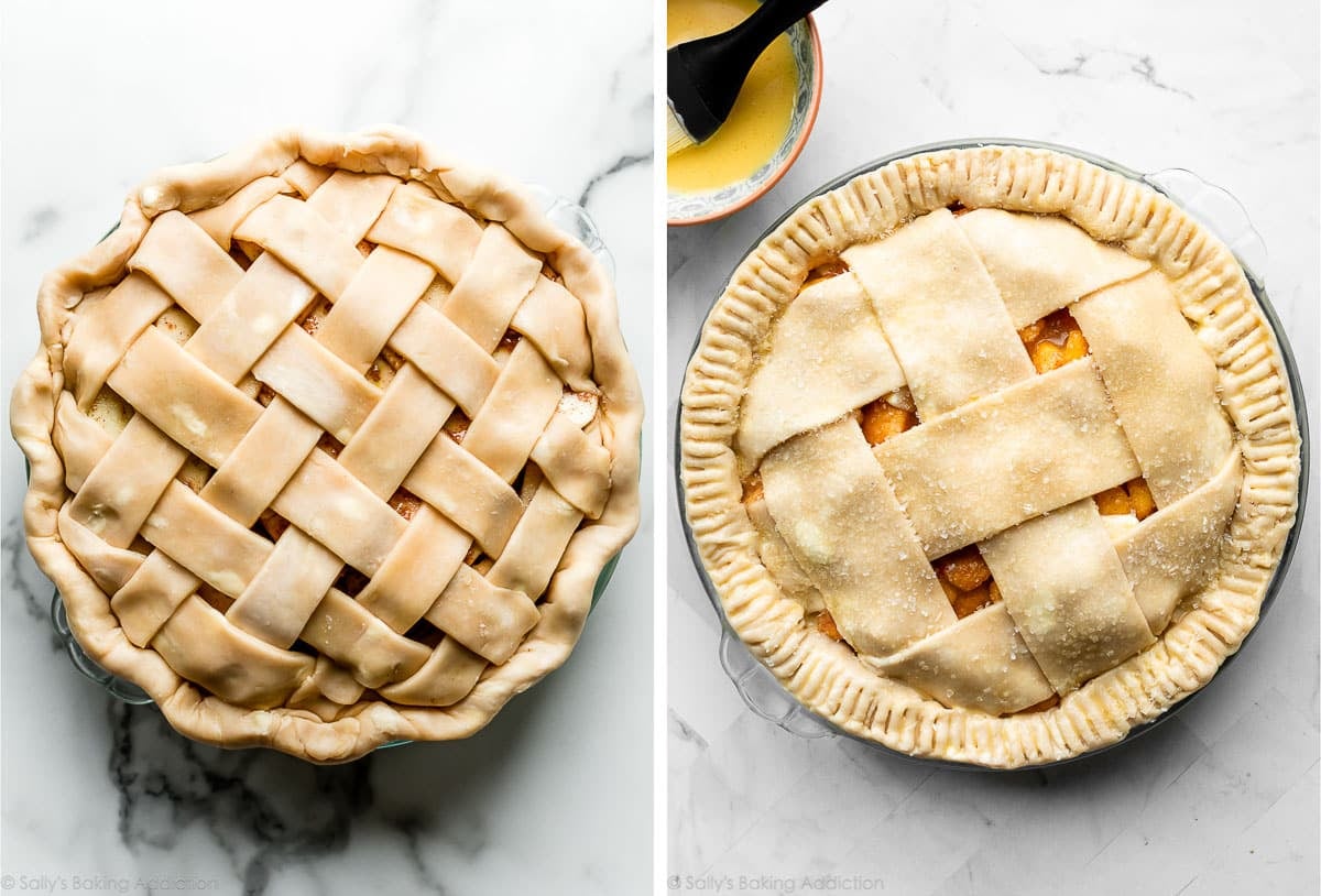 two pies shown, one with fluted edges and one with crimped edges with a fork.