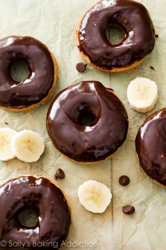 baked banana donuts with chocolate glaze
