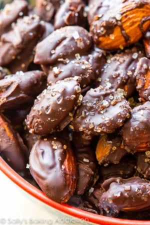 Dark chocolate sea salt almonds in a bowl