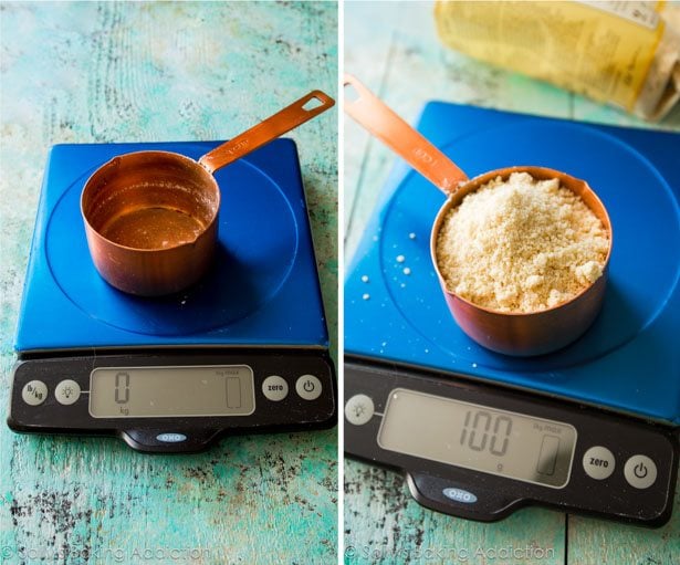 2 images of weighing a measuring cup on a food scale and 100 grams of almond flour on a food scale
