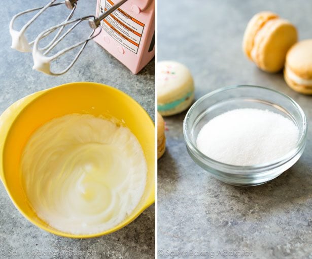 2 images of egg whites with stiff peaks in a yellow bowl and sifted granulated sugar in a glass bowl