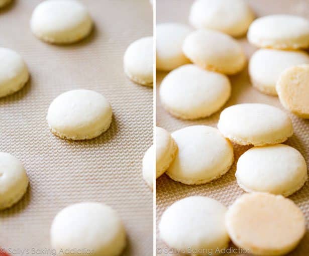 2 images of macaron shells on a silpat baking mat