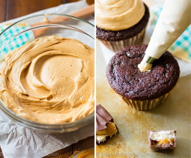 2 images of peanut butter frosting in a glass bowl and piping peanut butter frosting onto chocolate cupcakes