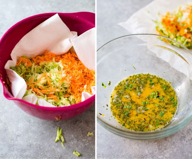 2 images of vegetables for zucchini fritters and beaten eggs and herbs in a glass bowl