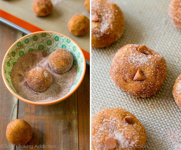 2 images of cookie dough balls in a bowl of cinnamon sugar and cookie dough balls on a silpat baking mat