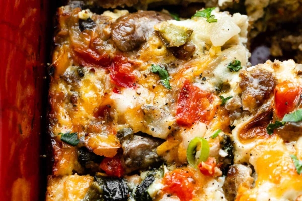 breakfast egg casserole with peppers, spinach, mushrooms, and cheese.