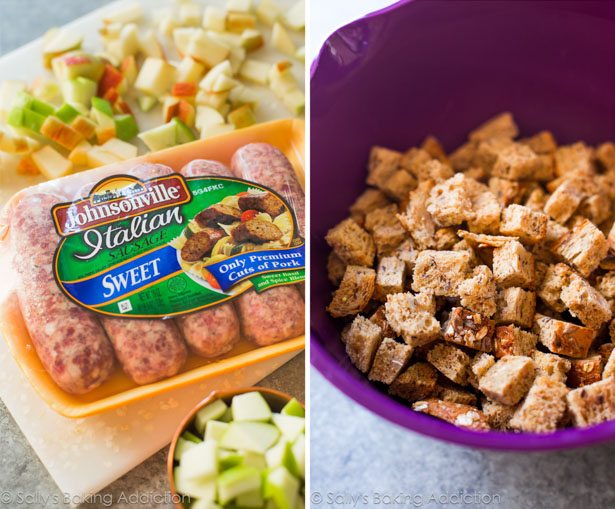 2 images of italian sausage links and cubed bread in a purple bowl