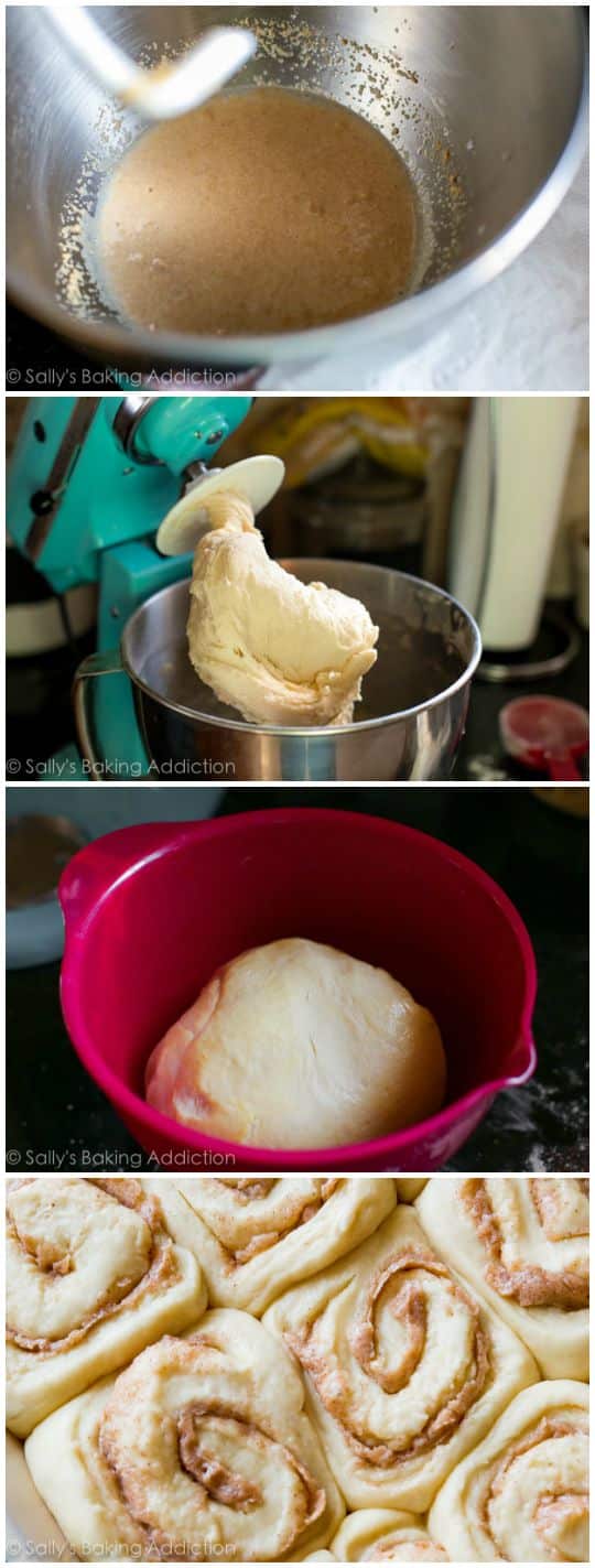 4 images showing how to make cinnamon roll dough