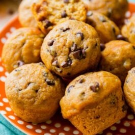 mini pumpkin chocolate chip muffins on an orange and white plate