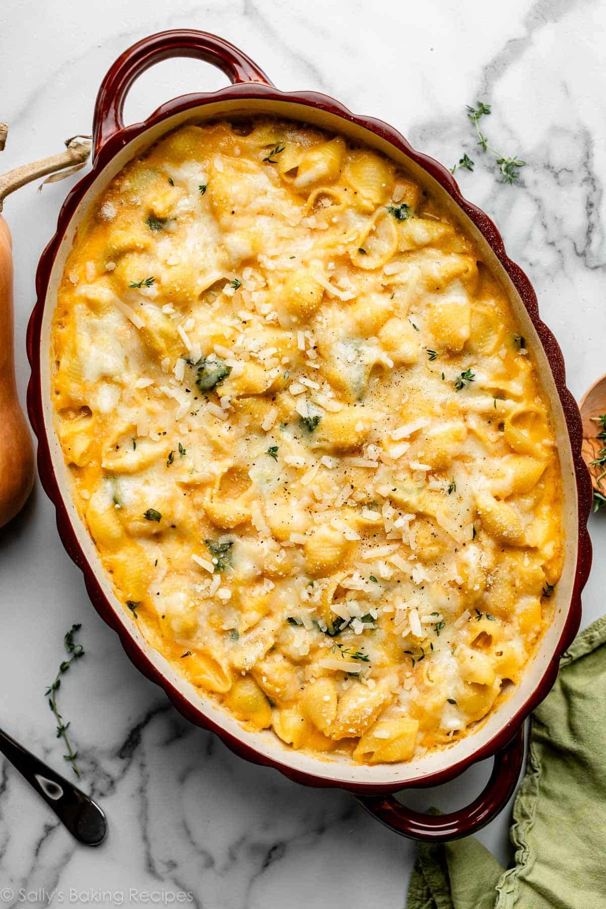 overhead photo of butternut squash mac and cheese with kale.