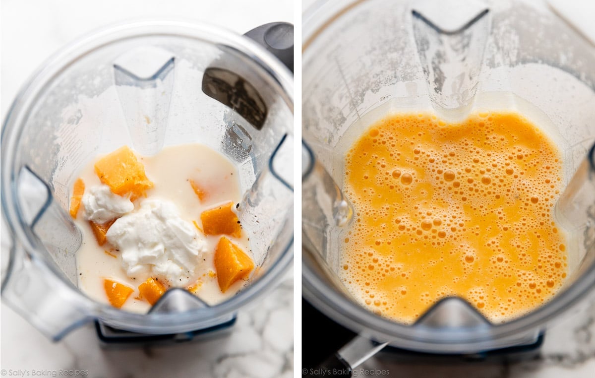 butternut squash, yogurt, and milk in blender and shown again blended up.