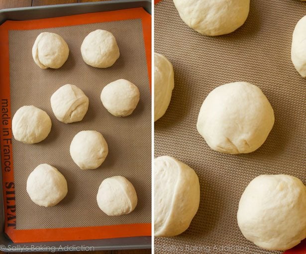 2 images of balls of bagel dough on a silpat baking mat