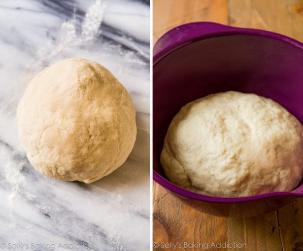 2 images of bagel dough in a ball on the counter and a ball of dough in a purple bowl