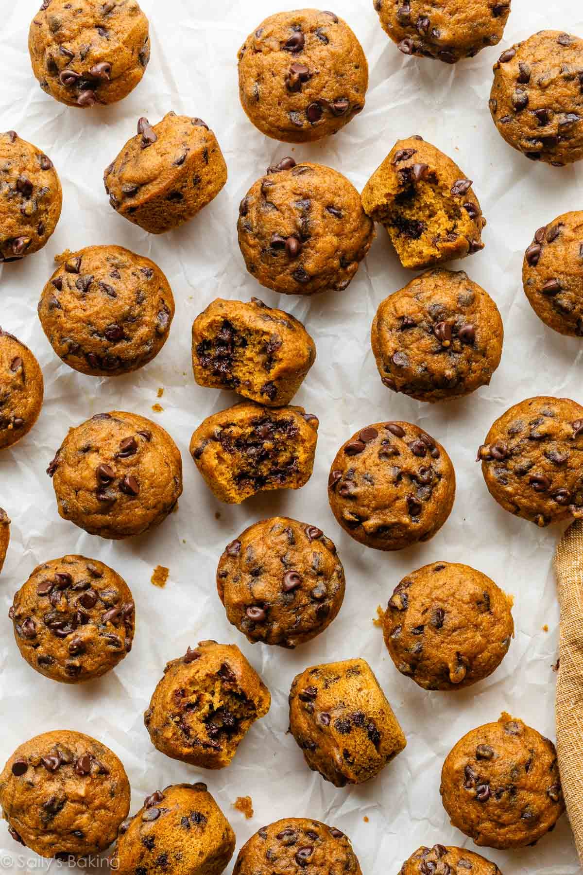 mini pumpkin chocolate chip muffins on parchment paper.