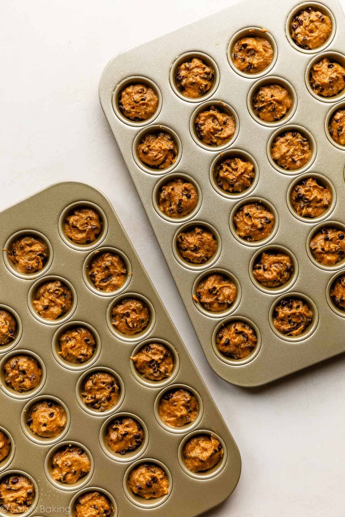 muffin batter in mini muffin pans.