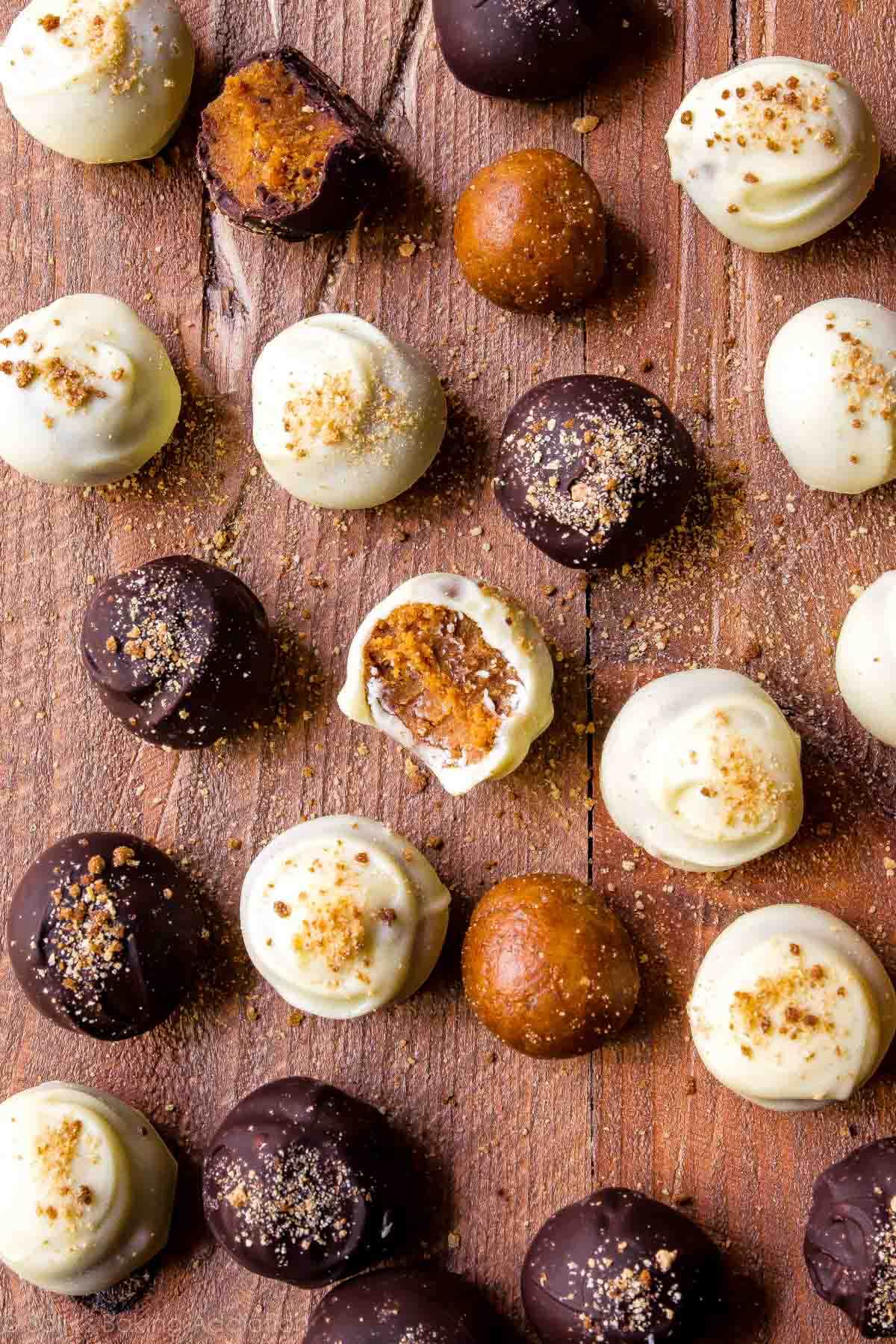 2 images of white and dark chocolate covered pumpkin spice truffles