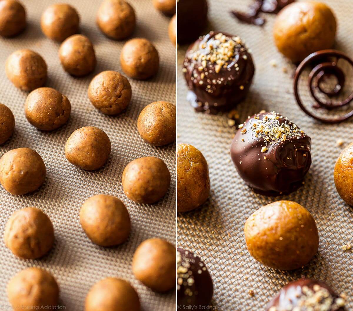2 images of pumpkin spice truffle filling rolled into balls and truffles dipped into dark chocolate on a silpat baking mat