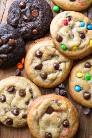 chocolate chip, M&M, and chocolate cookies