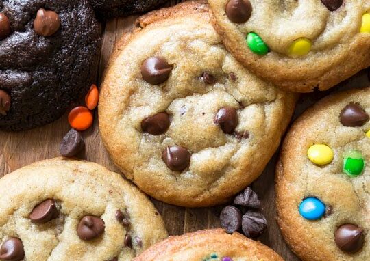 chocolate chip, M&M, and chocolate cookies