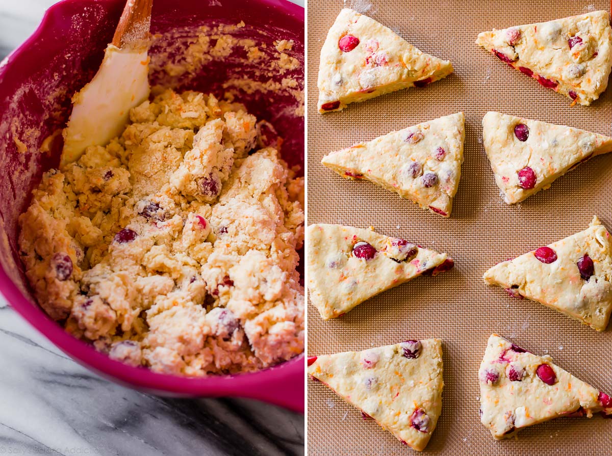 2 images of cranberry orange scone dough in a bowl and cut into triangles on a baking sheet