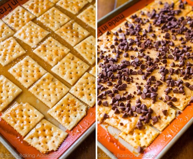 2 images of saltine crackers on a silpat baking mat and peanut butter and chocolate chips on top of Saltine crackers on silpat baking mat