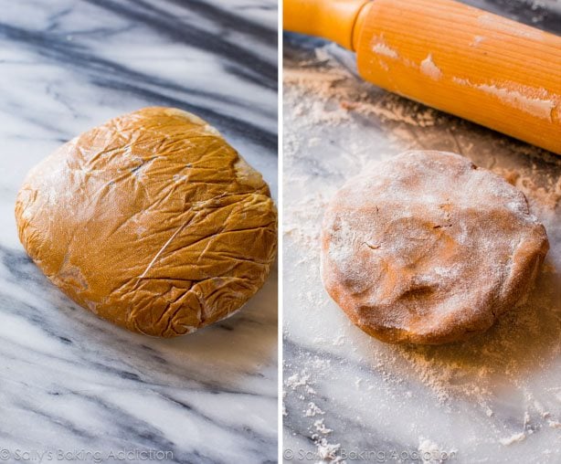 2 images of gingerbread cookie dough wrapped in a ball and with a rolling pin to roll out