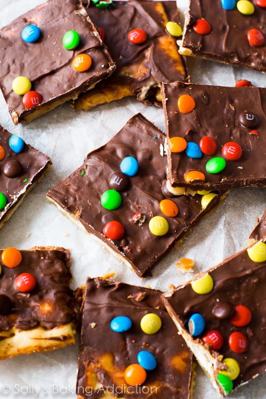 squares of Saltine toffee with mini M&Ms on top