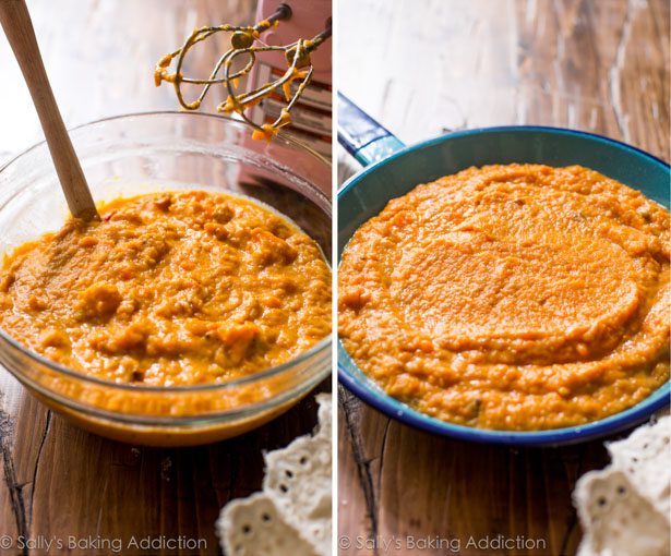 2 images of sweet potato filling in a glass bowl and in a skillet