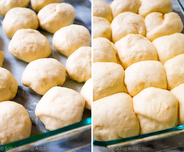2 images of dough formed into rolls in a glass baking dish before and after rising