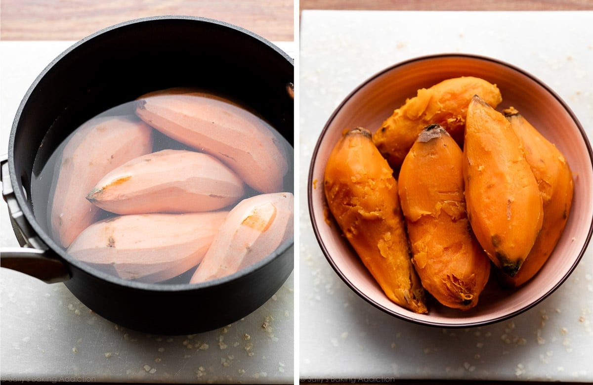 peeled sweet potatoes in a saucepan under water and boil again after they are cooked.