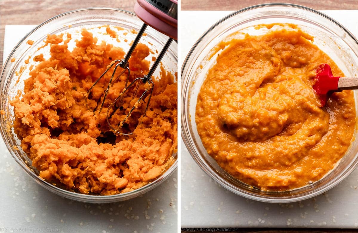 two photos of mashed sweet potatoes in a glass bowl.