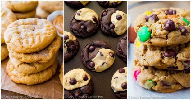 collage of 3 images of classic peanut butter cookies, peanut butter swirl cookies, and soft monster cookies