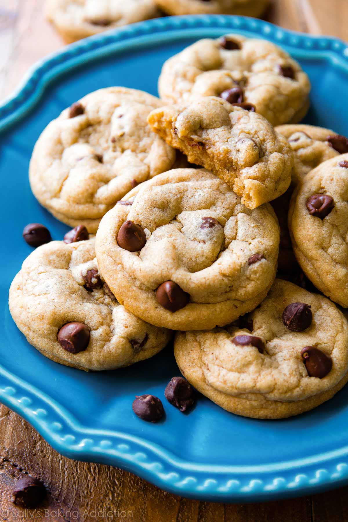 Biscoff chocolate chip cookies on a blue plate
