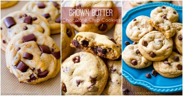 collage of 3 images of chocolate chip cookies, brown butter chocolate chip cookies, and Biscoff chocolate chip cookies