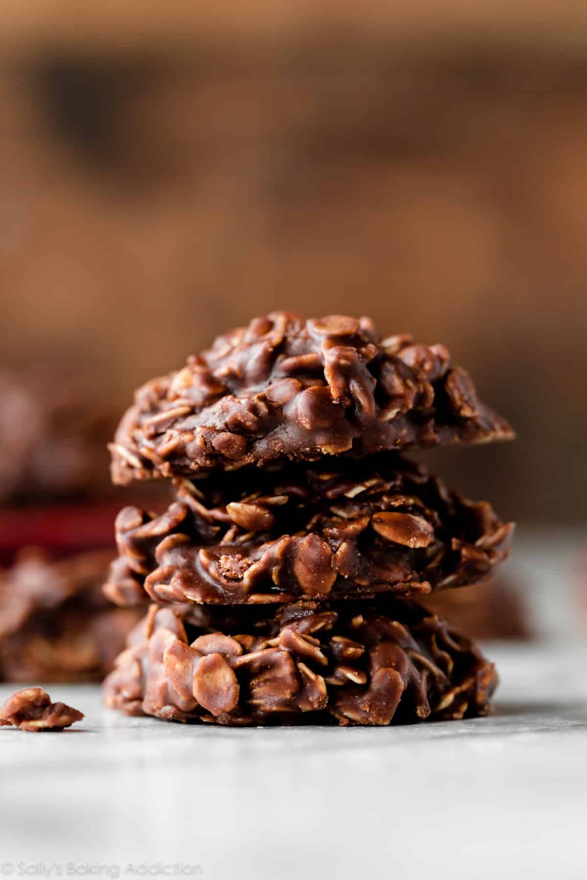 stack of chocolate peanut butter no bake cookies