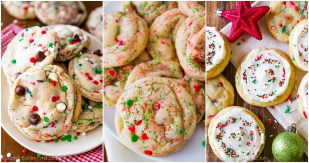 collage of 3 images of cake batter chocolate chip cookies with Christmas sprinkles, funfetti cookies with Christmas sprinkles, and frosted funfetti sprinkles with Christmas sprinkles