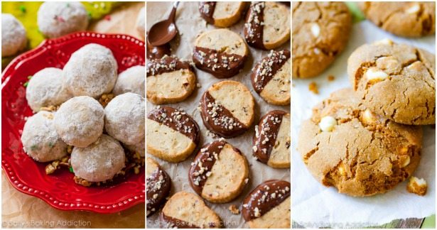 collage of 3 images of pecan snowball cookies, toasted hazelnut slice and bake cookies with half of each dipped in milk chocolate, and soft white chocolate chip molasses cookies