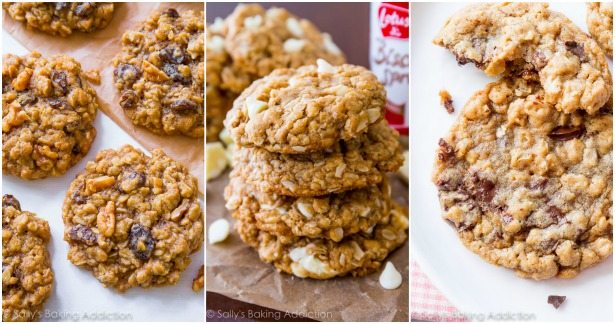 collage of 3 images of oatmeal raisin cookies, Biscoff white chocolate oatmeal cookies, and dark chocolate chunk oatmeal cookies