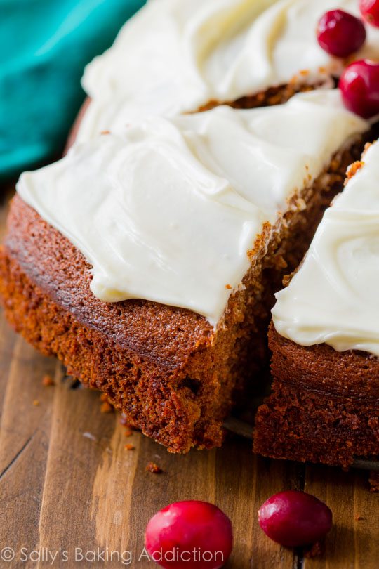 gingerbread snack cake topped with cream cheese frosting