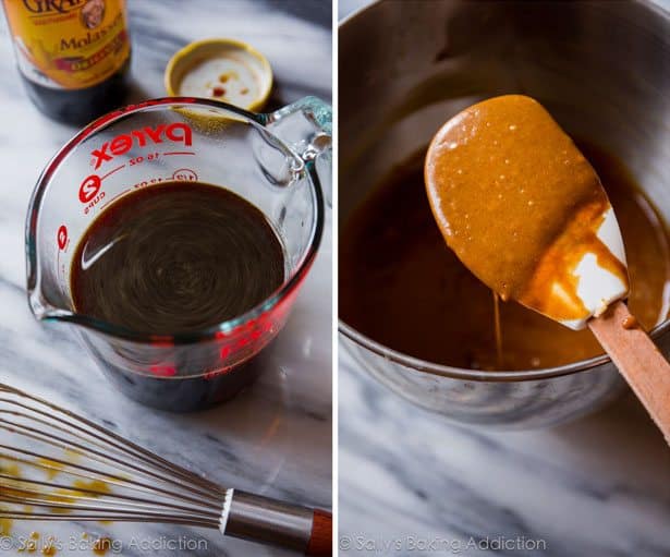 2 images of molasses in a glass measuring cup and mixture in saucepan with a spatula